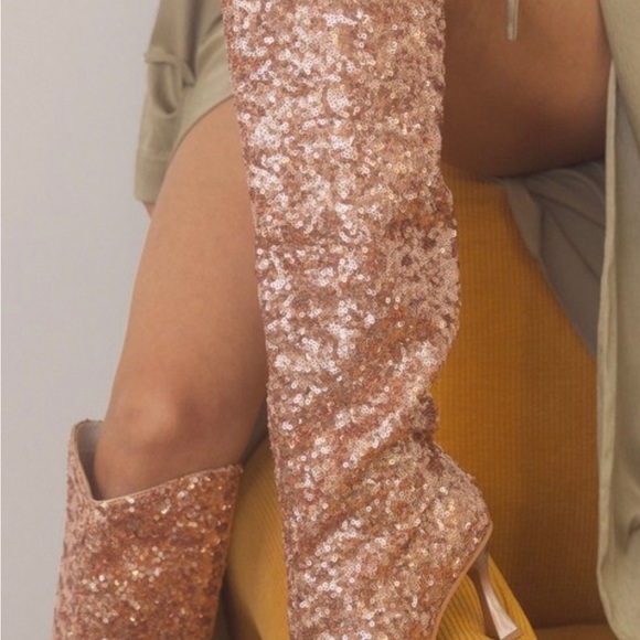 Knee High Rose Gold Sequin Boots - Picture 3 of 6